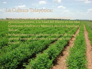  Es el nombre de la sociedad correspondiente,
aproximadamente, a la Edad del Hierro en las islas
Gimnesias (Mallorca y Menorca en el archipiélago
Balear).
 Se dedicaban principalmente al cultivo de rozas, a
quemar terrenos silvestres y a sembrar sobre las
cenizas.
 