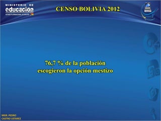 MGR. PEDRO 
CASTRO USTAREZ 
CENSO BOLIVIA 2012 
76,7 % de la población 
escogieron la opción mestizo 
 