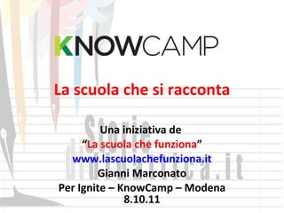 La scuola che si racconta Una iniziativa de  “ La scuola che funziona ” www.lascuolachefunziona.it Gianni Marconato Per Ignite – KnowCamp – Modena 8.10.11 