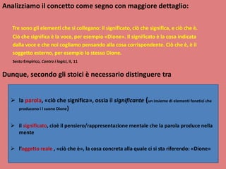 Analizziamo il concetto come segno con maggiore dettaglio:
Tre sono gli elementi che si collegano: il significato, ciò che significa, e ciò che è.
Ciò che significa è la voce, per esempio «Dione». Il significato è la cosa indicata
dalla voce e che noi cogliamo pensando alla cosa corrispondente. Ciò che è, è il
soggetto esterno, per esempio lo stesso Dione.
Sesto Empirico, Contro i logici, II, 11
Dunque, secondo gli stoici è necessario distinguere tra
 la parola, «ciò che significa», ossia il significante (un insieme di elementi fonetici che
producono i l suono Dione)
 il significato, cioè il pensiero/rappresentazione mentale che la parola produce nella
mente
 l’oggetto reale , «ciò che è», la cosa concreta alla quale ci si sta riferendo: «Dione»
 