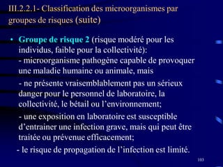 103
III.2.2.1- Classification des microorganismes par
groupes de risques (suite)
• Groupe de risque 2 (risque modéré pour les
individus, faible pour la collectivité):
- microorganisme pathogène capable de provoquer
une maladie humaine ou animale, mais
- ne présente vraisemblablement pas un sérieux
danger pour le personnel de laboratoire, la
collectivité, le bétail ou l’environnement;
- une exposition en laboratoire est susceptible
d’entrainer une infection grave, mais qui peut être
traitée ou prévenue efficacement;
- le risque de propagation de l’infection est limité.
 