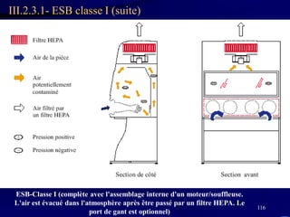 116
III.2.3.1- ESB classe I (suite)
ESB-Classe I (complète avec l'assemblage interne d'un moteur/souffleuse.
L'air est évacué dans l'atmosphère après être passé par un filtre HEPA. Le
port de gant est optionnel)
 