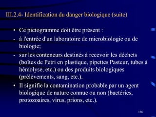 126
III.2.4- Identification du danger biologique (suite)
• Ce pictogramme doit être présent :
- à l'entrée d'un laboratoire de microbiologie ou de
biologie;
- sur les conteneurs destinés à recevoir les déchets
(boîtes de Petri en plastique, pipettes Pasteur, tubes à
hémolyse, etc.) ou des produits biologiques
(prélèvements, sang, etc.).
• Il signifie la contamination probable par un agent
biologique de nature connue ou non (bactéries,
protozoaires, virus, prions, etc.).
 