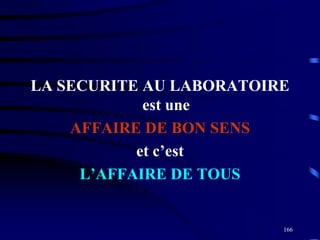 166
LA SECURITE AU LABORATOIRE
est une
AFFAIRE DE BON SENS
et c’est
L’AFFAIRE DE TOUS
 