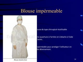 29
Blouse impérmeable
Blouse de type chirurgical réutilisable
 une ouverture à l’arrière et s’attache à l’aide
des lacets.
Imperméable pour protéger l’utilisateur en
cas de déversement.
 