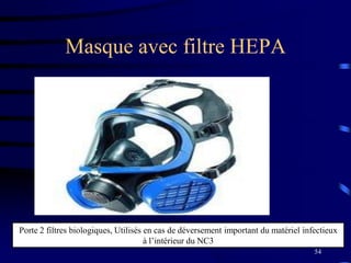 54
Masque avec filtre HEPA
Porte 2 filtres biologiques, Utilisés en cas de déversement important du matériel infectieux
à l’intérieur du NC3
 