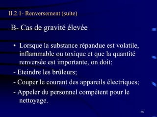 68
II.2.1- Renversement (suite)
• Lorsque la substance répandue est volatile,
inflammable ou toxique et que la quantité
renversée est importante, on doit:
- Eteindre les brûleurs;
- Couper le courant des appareils électriques;
- Appeler du personnel compétent pour le
nettoyage.
B- Cas de gravité élevée
 