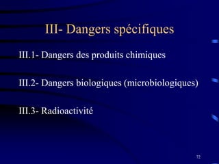 72
III- Dangers spécifiques
III.1- Dangers des produits chimiques
III.2- Dangers biologiques (microbiologiques)
III.3- Radioactivité
 