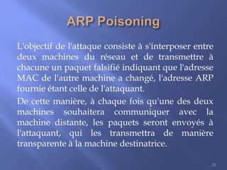 L'objectif de l'attaque consiste à s'interposer entre
deux machines du réseau et de transmettre à
chacune un paquet falsifié indiquant que l'adresse
MAC de l'autre machine a changé, l'adresse ARP
fournie étant celle de l'attaquant.
De cette manière, à chaque fois qu'une des deux
machines souhaitera communiquer avec la
machine distante, les paquets seront envoyés à
l'attaquant, qui les transmettra de manière
transparente à la machine destinatrice.
22

 