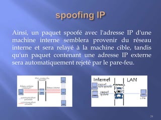 Ainsi, un paquet spoofé avec l'adresse IP d'une
machine interne semblera provenir du réseau
interne et sera relayé à la machine cible, tandis
qu'un paquet contenant une adresse IP externe
sera automatiquement rejeté par le pare-feu.

24

 