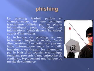 Le phishing traduit parfois en
«hameçonnage», est une technique
frauduleuse utilisée par les pirates
informatiques pour récupérer des
informations (généralement bancaires)
auprès d'internautes.
La technique du phishing est une
technique d'ingénierie sociale, c'est-àdire consistant à exploiter non pas une
faille informatique mais la « faille
humaine » en dupant les internautes
par le biais d'un courrier électronique
semblant provenir d'une entreprise de
confiance, typiquement une banque ou
un site de commerce.
25

 