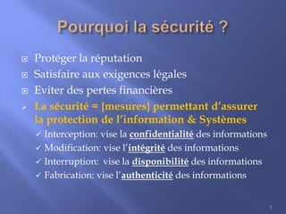 




Protéger la réputation
Satisfaire aux exigences légales
Eviter des pertes financières
La sécurité = {mesures} permettant d’assurer
la protection de l’information & Systèmes
Interception: vise la confidentialité des informations
 Modification: vise l’intégrité des informations
 Interruption: vise la disponibilité des informations
 Fabrication: vise l’authenticité des informations


3

 