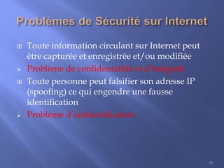 






Toute information circulant sur Internet peut
être capturée et enregistrée et/ou modifiée
Problème de confidentialité et d’intégrité
Toute personne peut falsifier son adresse IP
(spoofing) ce qui engendre une fausse
identification
Problème d’authentification

35

 