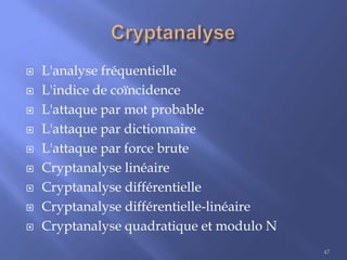 









L'analyse fréquentielle
L'indice de coïncidence
L'attaque par mot probable
L'attaque par dictionnaire
L'attaque par force brute
Cryptanalyse linéaire
Cryptanalyse différentielle
Cryptanalyse différentielle-linéaire
Cryptanalyse quadratique et modulo N
47

 