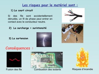 2) La surcharge = surintensité
Si des fils sont accidentellement
dénudés, un fil de phase peut entrer en
contact avec le conducteur neutre.
Conséquences :
Fusion des fils Risques d’incendie
Combustion des isolants
Les risques pour le matériel sont :
3) La surtension
1) Le court circuit
 