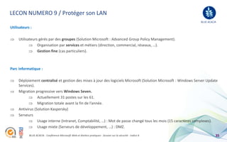 LECON NUMERO 9 / Protéger son LAN
                                                                                                                 BLUE ACACIA

Utilisateurs :

     Utilisateurs gérés par des groupes (Solution Microsoft : Advanced Group Policy Management).
                 Organisation par services et métiers (direction, commercial, réseaux, …).
                 Gestion fine (cas particuliers).



Parc informatique :

     Déploiement centralisé et gestion des mises à jour des logiciels Microsoft (Solution Microsoft : Windows Server Update
     Services).
     Migration progressive vers Windows Seven.
                 Actuellement 31 postes sur les 61.
                 Migration totale avant la fin de l’année.
     Antivirus (Solution Kaspersky)
     Serveurs
                 Usage interne (Intranet, Comptabilité, …) : Mot de passe changé tous les mois (15 caractères complexes).
                 Usage mixte (Serveurs de développement, …) : DMZ.

            BLUE ACACIA - Conférence Microsoft Web et Ateliers pratiques - Session sur la sécurité - Indice A              35
 