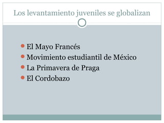 Los levantamiento juveniles se globalizan



  El Mayo Francés
  Movimiento estudiantil de México
  La Primavera de Praga
  El Cordobazo
 