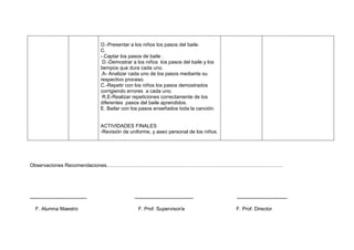 O.-Presentar a los niños los pasos del baile.
                                     C.
                                     -.Captar los pasos de baile .
                                      D.-Demostrar a los niños los pasos del baile y los
                                     tiempos que dura cada uno.
                                     .A- Analizar cada uno de los pasos mediante su
                                     respectivo proceso.
                                     C.-Repetir con los niños los pasos demostrados
                                     corrigiendo errores a cada uno.
                                      R.E-Realizar repeticiones correctamente de los
                                     diferentes pasos del baile aprendidos.
                                     E. Bailar con los pasos enseñados toda la canción.


                                     ACTIVIDADES FINALES
                                     -Revisión de uniforme, y aseo personal de los niños.




Observaciones Recomendaciones……………………………………………………………………………………………




----------------------------------                  -----------------------------------     ------------------------------

   F. Alumna Maestro                                  F. Prof. Supervisor/a                 F. Prof. Director
 