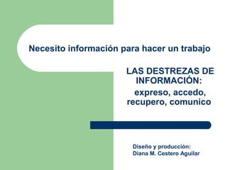 Necesito información para hacer un trabajo
LAS DESTREZAS DE
INFORMACIÓN:
expreso, accedo,
recupero, comunico
Diseño y producción:
Diana M. Cestero Aguilar
 