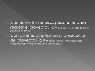 Cuales son los recursos personales para realizar el proyecto? R/= Esfuerzo, fe y un poco de dinero para hacer mi carreraCon quienes cuentas para la ejecución del proyecto? R/= Mi familia ( padres, hermanos) amigos conocidos desde joven personas con el valor de ayudar