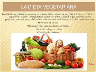 Las Dietas Vegetarianas consisten en alimentarse a base de vegetales, frutos, cereales y
legumbres. Tienen innumerables beneficios para la salud y que además hacen
posible el quemar grasa abdominal de forma natural. Sus principales beneficios son:
•Previene el cáncer
•Disminuye las enfermedades cardíacas
•Controla la hipertensión
•Combate la diabetes
Tabla
 