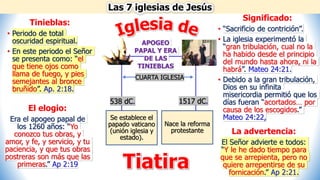 Las 7 iglesias de Jesús
Tiatira
Tinieblas:
• Periodo de total
oscuridad espiritual.
• En este periodo el Señor
se presenta como: “el
que tiene ojos como
llama de fuego, y pies
semejantes al bronce
bruñido”. Ap. 2:18.
Se establece el
papado vaticano
(unión iglesia y
estado).
Nace la reforma
protestante
APOGEO
PAPAL Y ERA
DE LAS
TINIEBLAS
538 dC. 1517 dC.
CUARTA IGLESIA
Significado:
• “Sacrificio de contrición”.
• La iglesia experimentó la
“gran tribulación, cual no la
ha habido desde el principio
del mundo hasta ahora, ni la
habrá”. Mateo 24:21.
• Debido a la gran tribulación,
Dios en su infinita
misericordia permitió que los
días fueran “acortados… por
causa de los escogidos.”
Mateo 24:22,
El elogio:
Era el apogeo papal de
los 1260 años: “Yo
conozco tus obras, y
amor, y fe, y servicio, y tu
paciencia, y que tus obras
postreras son más que las
primeras.” Ap 2:19
La advertencia:
El Señor advierte e todos:
“Y le he dado tiempo para
que se arrepienta, pero no
quiere arrepentirse de su
fornicación.” Ap 2:21.
 
