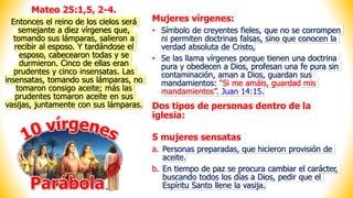 Mujeres vírgenes:
• Símbolo de creyentes fieles, que no se corrompen
ni permiten doctrinas falsas, sino que conocen la
verdad absoluta de Cristo,
• Se las llama vírgenes porque tienen una doctrina
pura y obedecen a Dios, profesan una fe pura sin
contaminación, aman a Dios, guardan sus
mandamientos: “Si me amáis, guardad mis
mandamientos”. Juan 14:15.
Parábola
Mateo 25:1,5, 2-4.
Entonces el reino de los cielos será
semejante a diez vírgenes que,
tomando sus lámparas, salieron a
recibir al esposo. Y tardándose el
esposo, cabecearon todas y se
durmieron. Cinco de ellas eran
prudentes y cinco insensatas. Las
insensatas, tomando sus lámparas, no
tomaron consigo aceite; más las
prudentes tomaron aceite en sus
vasijas, juntamente con sus lámparas. Dos tipos de personas dentro de la
iglesia:
5 mujeres sensatas
a. Personas preparadas, que hicieron provisión de
aceite.
b. En tiempo de paz se procura cambiar el carácter,
buscando todos los días a Dios, pedir que el
Espíritu Santo llene la vasija.
 