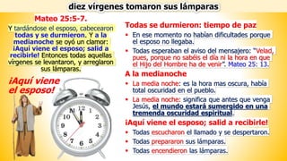 Todas se durmieron: tiempo de paz
▪ En ese momento no habían dificultades porque
el esposo no llegaba.
▪ Todas esperaban el aviso del mensajero: “Velad,
pues, porque no sabéis el día ni la hora en que
el Hijo del Hombre ha de venir”. Mateo 25: 13.
A la medianoche
▪ La media noche: es la hora mas oscura, había
total oscuridad en el pueblo.
▪ La media noche: significa que antes que venga
Jesús, el mundo estará sumergido en una
tremenda oscuridad espiritual.
¡Aquí viene el esposo; salid a recibirle!
▪ Todas escucharon el llamado y se despertaron.
▪ Todas prepararon sus lámparas.
▪ Todas encendieron las lámparas.
diez vírgenes tomaron sus lámparas
Mateo 25:5-7.
Y tardándose el esposo, cabecearon
todas y se durmieron. Y a la
medianoche se oyó un clamor:
¡Aquí viene el esposo; salid a
recibirle! Entonces todas aquellas
vírgenes se levantaron, y arreglaron
sus lámparas.
¡Aquí viene
el esposo!
 