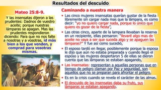 Caminando a nuestra manera
▪ Las cinco mujeres insensatas querían gustar de la fiesta
libremente sin cargar nada mas que la lámpara, es como
decir: “yo no quiero cargar nada, porque lo único que
quiero es gozar de la fiesta”,
▪ Las otras cinco, aparte de la lampara llevaban la reserva
en un recipiente, ellas pensaron: “llevaré algo mas de
aceite no vaya a ser que suceda algo y se apaguen las
lámparas?” Y fue así como sucedió,
▪ El esposo tardó en llegar, posiblemente porque la esposa
le dijo que aún no estaba preparada y cuando llegó el
esposo y las mujeres despertaron 5 de ellas se dieron
cuenta que las lámparas se estaban apagando,
▪ Las insensatas: representan a aquellas personas que en
tiempo de peligro claman por Paz y seguridad, son
aquellos que no se preparan para afrontar el peligro,
▪ Es en la crisis cuando se revela el carácter de las almas.
▪ El descuido de las insensatas daba su fruto, sus
lámparas se estaban apagando.
Mateo 25:8-9.
Y las insensatas dijeron a las
prudentes: Dadnos de vuestro
aceite; porque nuestras
lámparas se apagan. Mas las
prudentes respondieron
diciendo: Para que no nos falte
a nosotras y a vosotras, id más
bien a los que venden, y
comprad para vosotras
mismas.
Resultados del descuido
 