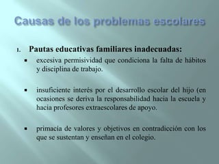 Causas de los problemas escolaresPautas educativas familiares inadecuadas:excesiva permisividad que condiciona la falta de hábitos y disciplina de trabajo.insuficiente interés por el desarrollo escolar del hijo (en ocasiones se deriva la responsabilidad hacia la escuela y hacia profesores extraescolares de apoyo.primacía de valores y objetivos en contradicción con los que se sustentan y enseñan en el colegio.