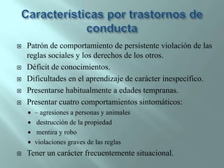 Características por trastornos de conductaPatrón de comportamiento de persistente violación de las reglas sociales y los derechos de los otros.Déficit de conocimientos.Dificultades en el aprendizaje de carácter inespecífico.Presentarse habitualmente a edades tempranas.Presentar cuatro comportamientos sintomáticos:– agresiones a personas y animalesdestrucción de la propiedadmentira y roboviolaciones graves de las reglasTener un carácter frecuentemente situacional.