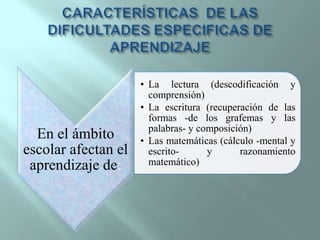 CARACTERÍSTICAS  DE LAS DIFICULTADES ESPECIFICAS DE APRENDIZAJE