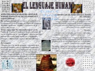 E s the r C .
ASPECTOS DIFERENCIALES DEL LENGUAjE
HUMANO RESPECTO AL DE LOS ANIMALES Y                  G a r c í aCONSTRUCCIóN DEL MUNDO HUMANO LENGUAjE
                                                               LA
                                                                                                      DEL
                                                                                                           A TRAVéS

OTROS CóDIGOS
Es independiente: no necesita la presencia directa,
                                                     T e j e d Con r lenguaje no sólo expresamos, sino que concebimos
                                                               o el
                                                                       y creamos el mundo a través de él. El mundo en sí es una
en el espacio y/o en el tiempo, del objeto de referencia.            realidad discontinua; con el lenguaje creamos y expresamos
Ejemplo: significante “caballo”, y formación de la                      conceptos abstractos y buscamos constancias con las que
imagen del animal.                                                                        interpretar el mundo y adaptarnos a él.
Tiene capacidad de autorreferencia: puede                                                                              Ejemplos:
“hablar de sí mismo”y analizar su propia estructura. El                  •Diferencias conceptuales entre idiomas. inglés to play
uso de esta función ⇒ “metalenguaje”: función que nos              ospielen alemán = “jugar” y “tocar un instrumento”.
permite diferenciar entre significante y significado,
                                                                  •Términos castellanos “amor” y “amistad”, que confluyen en
concepto y objeto en sí, y traducir de unos idiomas a            el griego filía. En este idioma distinguen: amor de deseo (éros),
otros.                                                           el sentimiento de querencia hacia alguien que se conoce (filía),
Es creativo:                                                                           y aprecio a la humanidad o empatía (ágape.
•Porque con él se puede imaginar y transmitir ideas
                                                                  •La palabra “inteligencia” en las culturas orientales antiguas es
novedosas y objetos, seres o situaciones imaginarios              sinónimo de “virtud”; se acerca a nuestra acepción de “sabio”.
(ejemplos: literatura, capacidad de mentir, utopías…)
•Porque transmite emociones y valores culturales,                        Obviamente, esto refleja no sólo la concepción de unos
                                                                 valores, sino también la construcción lingüística de los mismos.
dándoles forma (ejemplos: la idea de sentimientos como
el amor, el resentimiento, la belleza… o la creación de
conceptos de valores o ideales como la democracia, la
justicia…).
 