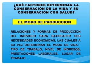 ¿QUÉ FACTORES DETERMINAN LA
CONSERVACIÓN DE LA VIDA Y SU
CONSERVACIÓN CON SALUD?
EL MODO DE PRODUCCION
RELACIONES Y FORMAS DE PRODUCCION
DEL INDIVIDUO PARA SATISFACER SUS
NECESIDADES ECONOMICAS, LAS CUALES A
SU VEZ DETERMINAN EL MODO DE VIDA:
TIPO DE TRABAJO, NIVEL DE INGRESOS,
PRESTACIONES LABORALES, LUGAR DE
TRABAJO …
 