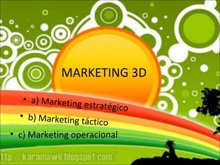 MARKETING 3D a) Marketing estratégico b) Marketing táctico c) Marketing operacional 