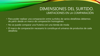 DIMENSIONES DEL SURTIDO.
LIMITACIONES EN LA COMPARACIÓN
• Para poder realizar una comparación entre surtidos de varios detallistas debemos
de partir desde un marco de comparación homogéneo
• No se puede comparar una frutería con una tienda de moda
• El marco de comparación necesario lo constituye el universo de productos de cada
detallista
 