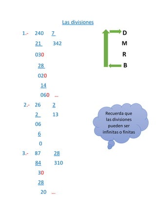 Las divisiones
1.- 240 7 D
21 342 M
030 R
28 B
020
14
060 …
2.- 26 2
2 13
06
6
0
3.- 87 28
84 310
30
28
20 …
Recuerda que
las divisiones
pueden ser
infinitas o finitas
 