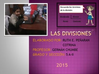 ELABORADO POR: RUTH E. PEÑARAN
COTRINA
PROFESOR: GERMÁN CHUMBE
GRADO Y SECCIÓN: 5 A-II
2015
 