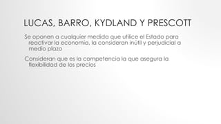 LUCAS, BARRO, KYDLAND Y PRESCOTT
Se oponen a cualquier medida que utilice el Estado para
reactivar la economía, la consideran inútil y perjudicial a
medio plazo
Consideran que es la competencia la que asegura la
flexibilidad de los precios
 