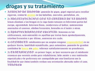 drogas y su tratamientoINDICIO DE DROGAS: posesión de pipas, papel especial para enrollar cigarros, restos de plantas en los bolsillos, morrales, portafolios, etc.2) IDENTIFICACION CON LA CULTURA DE LA DROGA: lemas alusivos a las drogas en la ropa hasta tatuajes en diferentes partes del cuerpo, agresividad, deterioro físico, incoherencia al hablar, movimientos anormales al caminar, olvidos frecuentes, descuido en el vestir y otros.3) APROVECHAMIENTO ESCOLAR: descenso en las calificaciones, más ostensible en aquéllos que tenían buen aprovechamiento, retardos frecuentes y por último, ausencias sin razón.4) CONDUCTA: estudiantes que no aceptan ninguna responsabilidad en su quehacer diario, hostilidad injustificada, poca autoestima, posesión de grandes cantidades de dinero sin poder informar satisfactoriamente su procedencia.5) TRATAMIENTO: en primer lugar, se hace necesario que el estudiante reconozca que necesita ayuda para rehabilitarse; debe asistir a una institución especializada y de preferencia ser acompañado por sus familiares con la finalidad de que éstos también reciban una orientación adecuada sobre el caso. VALORES