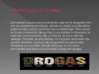  principales causas para los jóvenes caer en la drogadicción,
son los problemas familiares, dónde no existe una disciplina
para los hijos, por lo contrario hay un libertinaje. Otra causa
es la poca atención de los hijos a sus padres o viceversa, la
falta de comunicación, de confianza, el poco afecto,
diálogo. También se encuentran los hogares destruidos, los
padres divididos, el poco de sus problemas personales,
familiares y/o sociales. Donde estos son los factores
principales que lleva a los jóvenes a consumir drogas.
 