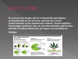  El consumo de drogas afecta el desarrollo psicológico,
principalmente en los jóvenes, además de causar
padecimientos como hipertensión arterial, cirrosis hepática,
hemorragia cerebral y más de 60 enfermedades adicionales,
advirtió el Instituto Mexicano del Seguro Social (IMSS) en
Hidalgo.
 