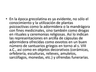 • En la época grecolatina es ya evidente, no sólo el
conocimiento y la utilización de plantas
psicoactivas como la adormidera o la mandrágora
con fines medicinales, sino también como drogas
en rituales y ceremonias religiosas. Así lo indican
las representaciones en arcilla de cápsulas de
adormidera ofrecidas como exvotos en un buen
número de santuarios griegos en torno al s. VIII
a.C., así como en objetos decorativos (cerámicas,
orfebrería, esculturas, relieves, amuletos,
sarcófagos, monedas, etc.) y ofrendas funerarias.
 