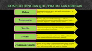 • Fatiga, quejas continúas acerca de su salud, ojos enrojecidos y sin
brillo y una tos persistente.
• Cambios en la personalidad, cambios rápidos de humor,
irritabilidad, comportamiento irresponsable, poco amor propio o
autoestima, depresión y una falta general de interés.
• El comenzar argumentos, desobedecer las reglas, el retraerse o
dejar de comunicarse con la familia.
• Interés decreciente, actitud negativa, faltas al deber, calificaciones
bajas, ausencias frecuentes y problemas de disciplina.
• Amigos nuevos a quienes no les interesan las actividades normales
de la casa y de la escuela, problemas con la ley y el cambio hacia
estilos poco convencionales en el vestir y en la música.
 