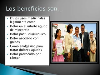 










En los usos medicinales
legalmente como:
Dolor en el infarto agudo
de miocardio
Dolor post- quirurquico
Dolor asociado con
golpes
Como analgésico para
tratar dolores agudos
Dolor provocado por
cáncer

 