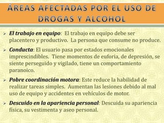  El trabajo en equipo: El trabajo en equipo debe ser 
placentero y productivo. La persona que consume no produce. 
 Conducta: El usuario pasa por estados emocionales 
imprescindibles. Tiene momentos de euforia, de depresión, se 
siente perseguido y vigilado, tiene un comportamiento 
paranoico. 
 Pobre coordinación motora: Este reduce la habilidad de 
realizar tareas simples. Aumentan las lesiones debido al mal 
uso de equipo y accidentes en vehículos de motor. 
 Descuido en la apariencia personal: Descuida su apariencia 
física, su vestimenta y aseo personal. 
 