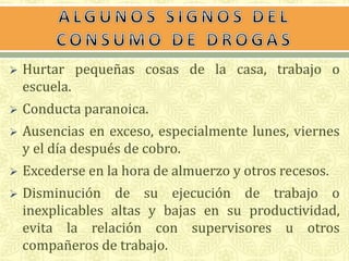  Hurtar pequeñas cosas de la casa, trabajo o 
escuela. 
 Conducta paranoica. 
 Ausencias en exceso, especialmente lunes, viernes 
y el día después de cobro. 
 Excederse en la hora de almuerzo y otros recesos. 
 Disminución de su ejecución de trabajo o 
inexplicables altas y bajas en su productividad, 
evita la relación con supervisores u otros 
compañeros de trabajo. 
 