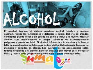 ALCOHOL

El alcohol deprime el sistema nervioso central (cerebro y médula
espinal), reduce las inhibiciones y deteriora el juicio. Beberlo en grandes
cantidades puede llevar a un estado de coma e incluso la muerte. Mezclar
alcohol con medicamentos o drogas callejeras es extremadamente
peligroso y puede ser fatal. El alcohol influencia a tu cerebro y te lleva a
falta de coordinación, reflejos más lentos, visión distorsionada, lagunas de
memoria y periodos en blanco. Los cuerpos de los adolescentes están
todavía creciendo y el alcohol tiene un impacto aún mayor en el bienestar
físico y mental de la gente joven que en el de la gente de mayor edad.

 