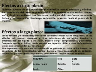 Efectos a corto plazo:
Quienes abusan de ella experimentan confusión mental, náuseas y vómitos.
La consciencia del dolor se puede inhibir. Las mujeres embarazadas pueden
sufrir aborto espontáneo. Las funciones cardiacas (del corazón) se hacen más
lentas y la respiración disminuye seriamente, a veces hasta el punto de la
muerte.

Efectos a largo plazo:
Venas dañadas y/o colapsadas; infecciones bacterianas de los vasos sanguíneos, de las
válvulas del corazón, abscesos y otras infecciones de los tejidos blandos, y
enfermedades del hígado o del riñón. Pueden surgir complicaciones pulmonares.
Compartir agujas o fluidos puede resultar en hepatitis, SIDA y otras enfermedades
virales que se transmiten por la sangre.
Alta dependencia su síndrome de abstinencia se presenta en: dolor de los huesos, las
coyunturas de las extremidades, vomito, diarrea y viene acompañado de agitación,
tendencia a pararos cardiorrespiratorios, convulsiones, fiebre e incluso la muerte
NOMBRES CALLEJEROS

HEROÍNA:

Brea

Azúcar negra

Caballo

Bonita

Chiva

Gato
H
Harpón

 