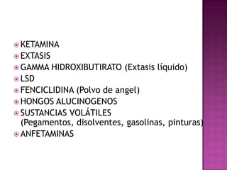  KETAMINA
 EXTASIS
 GAMMA     HIDROXIBUTIRATO (Extasis líquido)
 LSD
 FENCICLIDINA (Polvo de angel)
 HONGOS ALUCINOGENOS
 SUSTANCIAS VOLÁTILES
  (Pegamentos, disolventes, gasolinas, pinturas)
 ANFETAMINAS
 